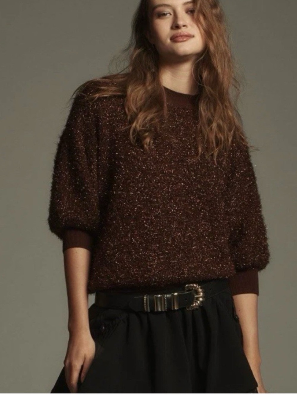 Anthropologie Sparkle Textured Crewneck Sweater in Chocolate Brown